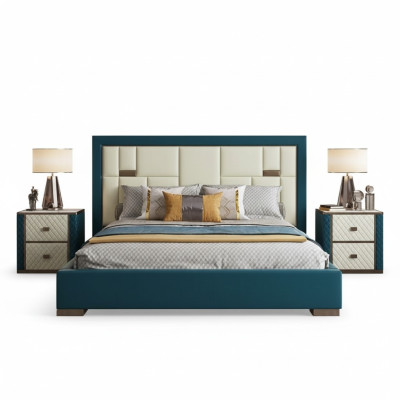 Letto blu di lusso con testiera imbottita design moderno e colori accentuati