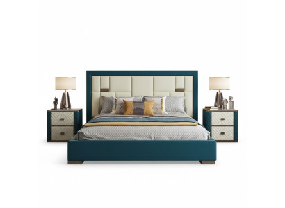 Letto blu di lusso con testiera imbottita design moderno e colori accentuati