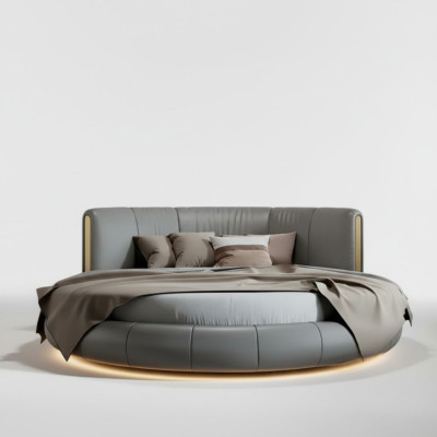 Letto rotondo esclusivo grigio beige in pelle design moderno per camera da letto
