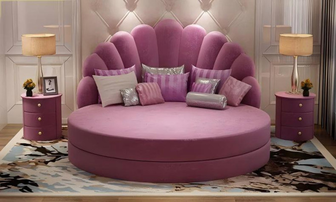 Elegante letto rotondo bianco design shell imbottito viola argento moderno camera da letto