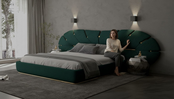 Letto di lusso verde con accenti dorati design a ventaglio per camera da letto moderna
