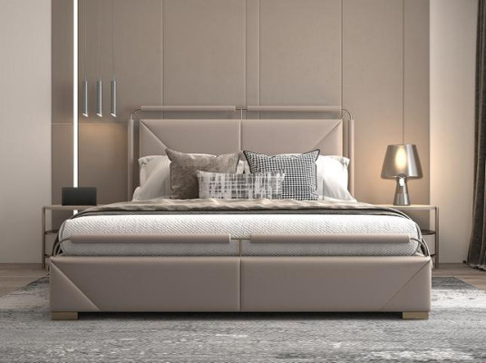 Letto di lusso design moderno beige con accenti dorati e testata elegante