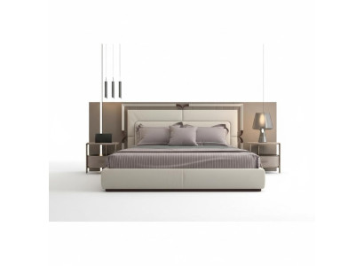 Letto di lusso design moderno beige con accenti marroni e testata elegante