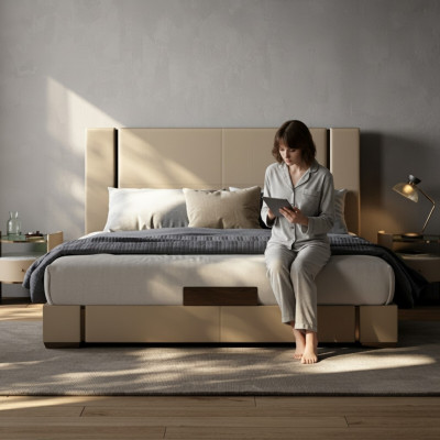 Letto di lusso beige letto imbottito moderno comfort stile design elegante