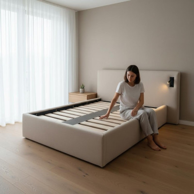 Letto imbottito beige in tessuto stile moderno hotel con illuminazione LED e testata angolare look lusso