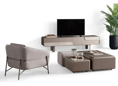 Set di mobili per soggiorno moderno in tessuto beige con poltrona e mobile TV