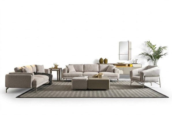 Set moderno per soggiorno con divani in tessuto beige, tavolini
