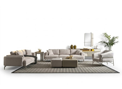 Set moderno per soggiorno con divani in tessuto beige, tavolini