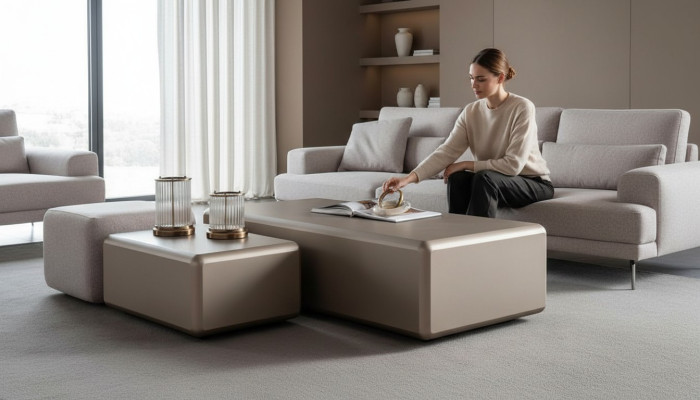 Set di tavolino e pouf beige in tessuto moderno e versatile
