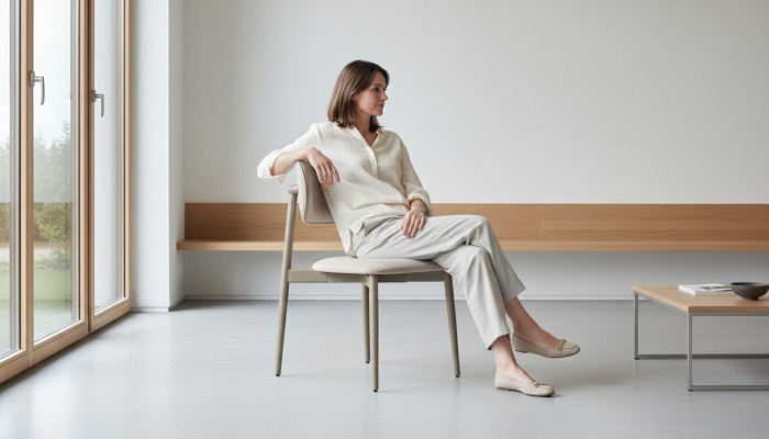 Sedia in tessuto beige dallo stile elegante per soggiorno e sala da pranzo