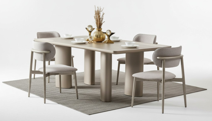 Elegante tavolo da pranzo beige con gambe in legno e 4 sedie in tessuto