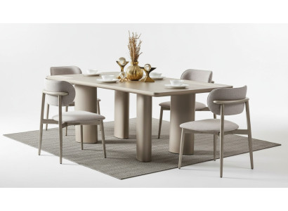 Elegante tavolo da pranzo beige con gambe in legno e 4 sedie in tessuto