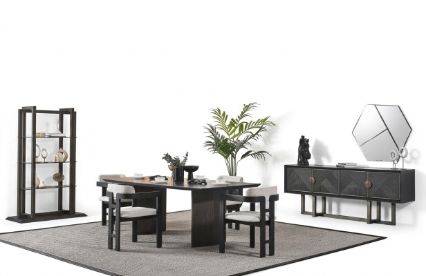 Elegante tavolo da pranzo in legno marrone con 4 sedie, consolle