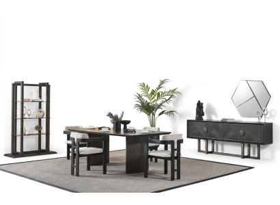 Elegante tavolo da pranzo in legno marrone con 4 sedie, consolle
