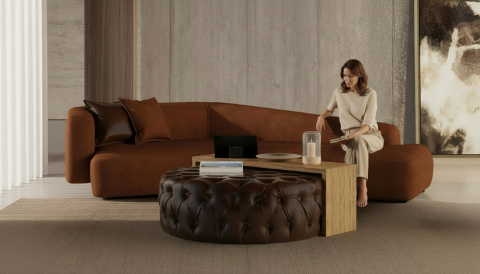 Set soggiorno divano tavolino e pouf in design moderno