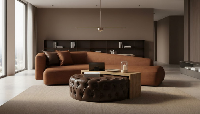 Set soggiorno divano tavolino e pouf in design moderno