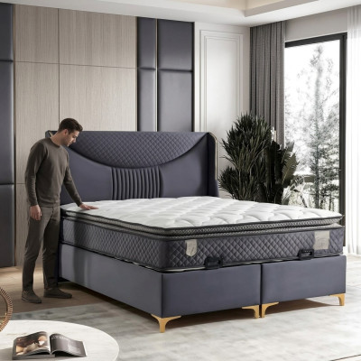 Letto moderno grigio con materasso in tessuto e legno