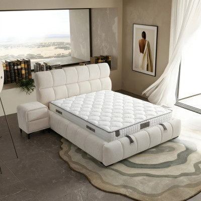Elegante letto blu con materasso in tessuto e legno