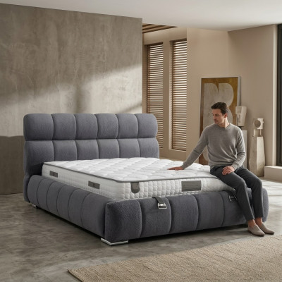 Letto moderno blu con materasso in tessuto e legno