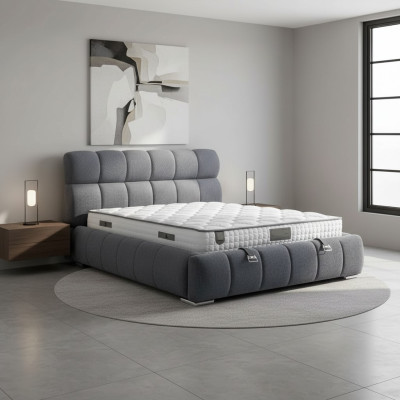 Letto moderno blu con materasso in tessuto e legno