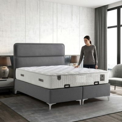 Letto grigio moderno con materasso in tessuto e legno