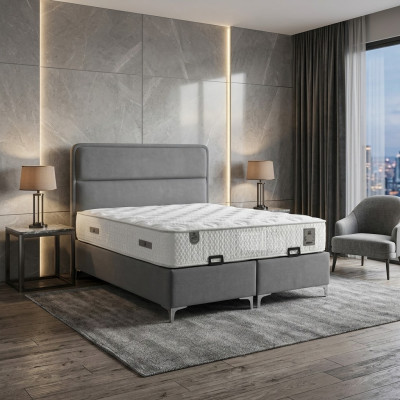Letto grigio moderno con materasso in tessuto e legno