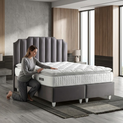 Elegante letto grigio con materasso in tessuto e legno