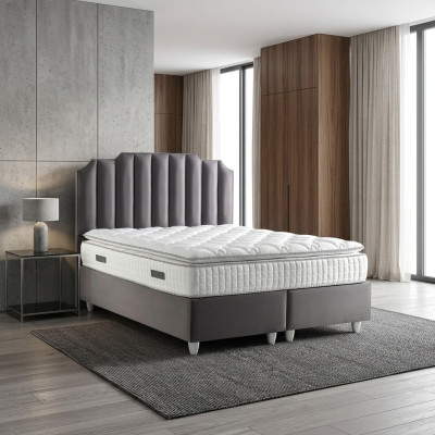 Elegante letto grigio con materasso in tessuto e legno