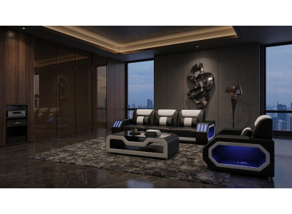 Wohnzimmer 3-Sitzer Sofa Sessel Komfort Set Modern Schwarz Couchgruppe