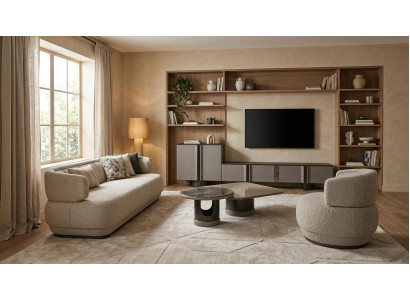 Wohnzimmergarnitur Grau Holz 3-Sitzer Sessel Couchtisch TV-Lowboard