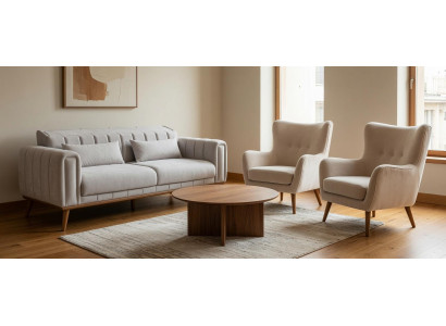 Weißes Wohnzimmer Set 3-tlg Sofa Sessel Stoffbezug Holzfüße Modern
