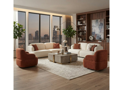 Wohnzimmer-Set Weißes 2x Schlafsofa Brauner 2x Sessel Bouclé-Bezug