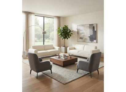 Wohnzimmer-Set 2x 3 Sitzer Sofa Weiß 2x Sessel Hoher Rückenlehne Grau