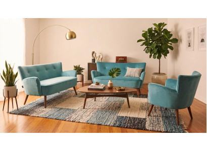 Zwei Sofas Sessel Blau Stoff Polstergruppe Holzbeine Retro Stilvoll