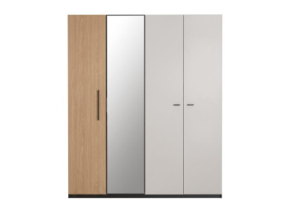 Weiß-brauner Kleiderschrank Holz 4-türiger Schrank mit Spiegel Jugendzimmer