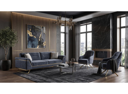 Wohnzimmer Set 3-Sitzer Sofa 2 Sessel Dunkelblau Gold Design