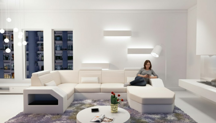 Divano design angolare in pelle, tessuto, tessuto, nuova imbottitura per salotto.