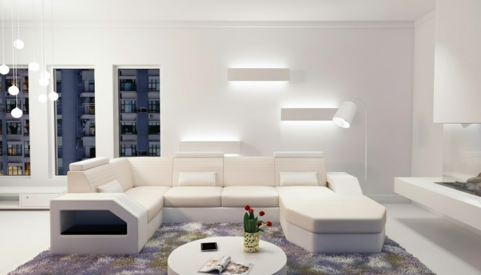 Divano design angolare in pelle, tessuto, tessuto, nuova imbottitura per salotto.