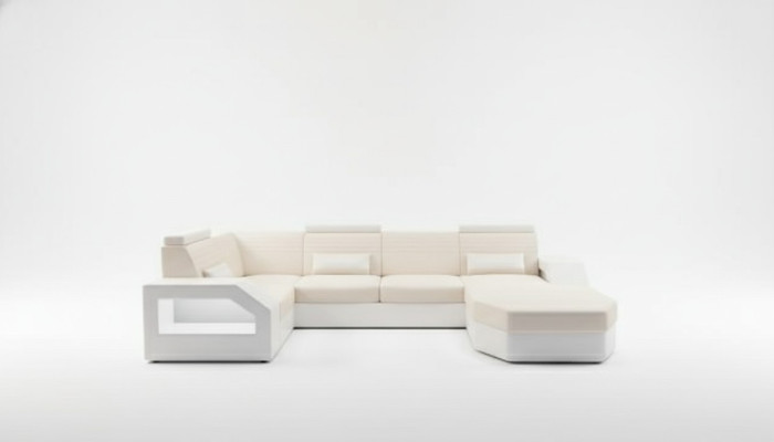Divano design angolare in pelle, tessuto, tessuto, nuova imbottitura per salotto.