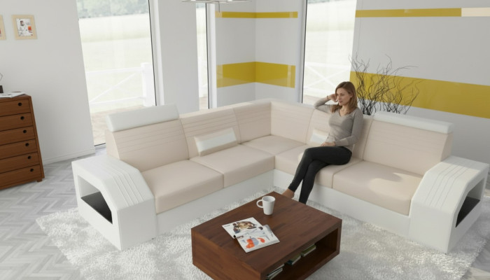 Divano design Divano angolare in pelle e tessuto Set di imbottiti Soggiorno a forma di L