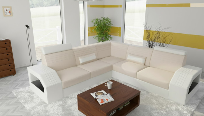 Divano design Divano angolare in pelle e tessuto Set di imbottiti Soggiorno a forma di L
