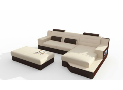 Divano angolare in pelle e tessuto imbottito, insieme di divani di design.