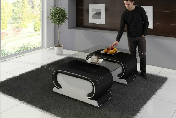 Tavolo in vetro di design, tavolo imbottito in pelle divano, tavoli in pelle.