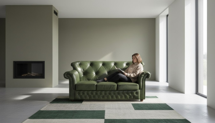 Divano Chesterfield XXL in pelle e tessuto nuovo.