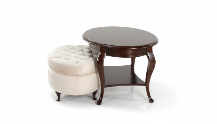 Sgabello rotondo in pelle con tavolino, tavolino da servizio, set di 2 pezzi, salotto Verona.