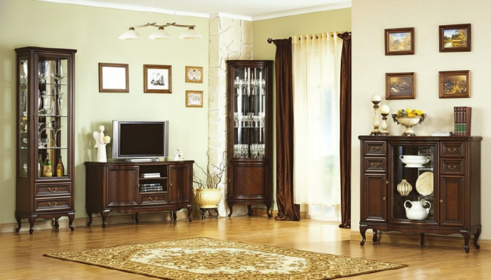 Set di mobili per il soggiorno 4 pezzi in stile italiano - cassettiera, vetrina, mobile TV Chippendale.