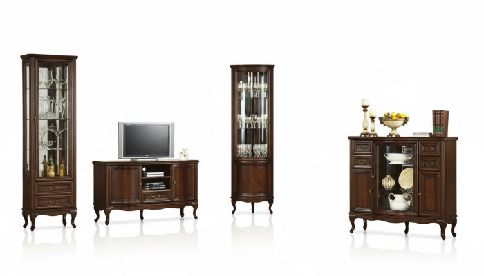 Set di mobili per il soggiorno 4 pezzi in stile italiano - cassettiera, vetrina, mobile TV Chippendale.
