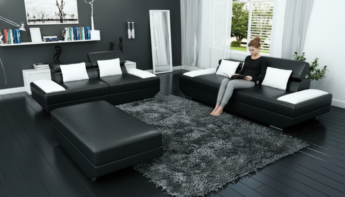 Set di divani in pelle divano 3 + 2 con divano imbottito set di divani con pouf - 2719A
