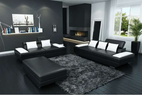 Set di divani in pelle divano 3 + 2 con divano imbottito set di divani con pouf - 2719A