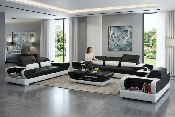 Set di divani in pelle imbottita moderna 3+2+1 composto da divano, poltrona e pouf Detmold